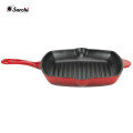 Long handle enamel Cast-Iron Square Grill Pan with oil mouth